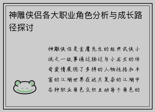 神雕侠侣各大职业角色分析与成长路径探讨